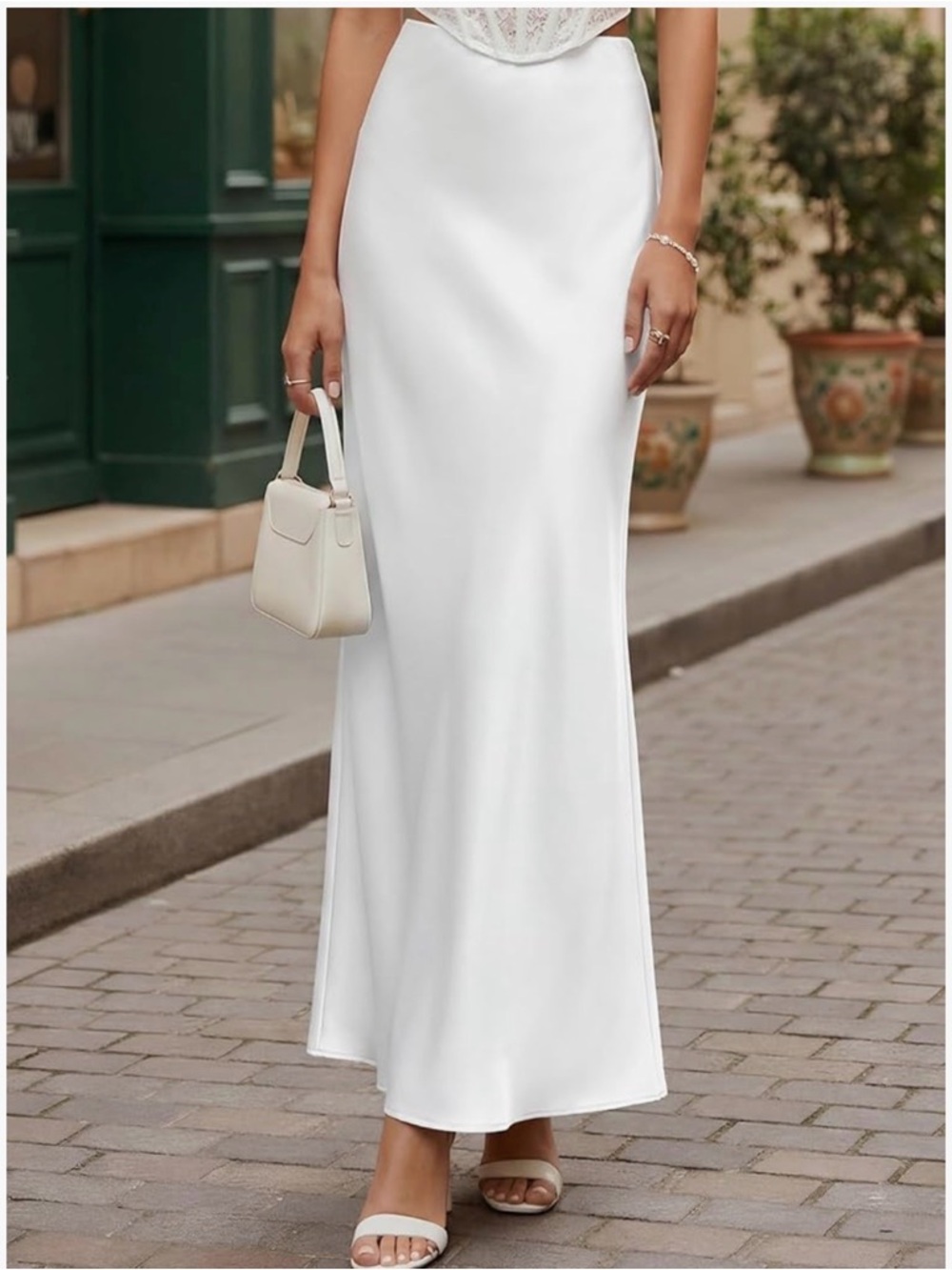 Elegant White Satin Maxi Skirt - Women's High-Rise Silhouette